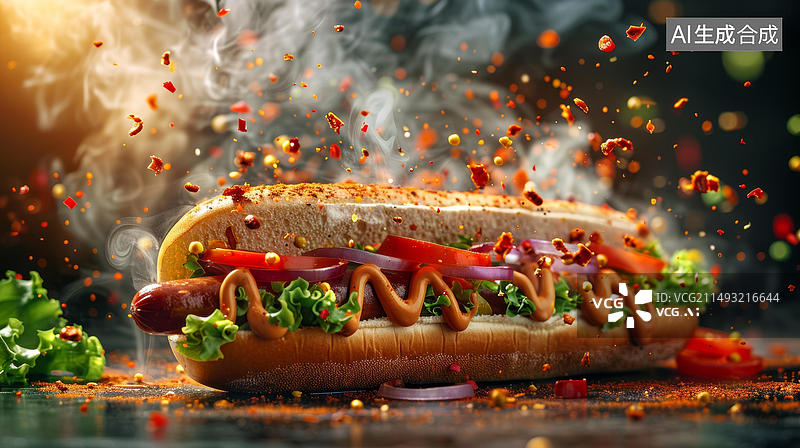 【AI数字艺术】热狗配生菜西红柿洋葱和芥末周围有香料爆炸图片素材