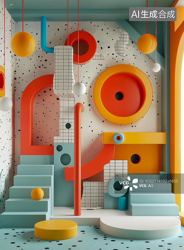 【AI数字艺术】多彩几何与波点房间图片素材