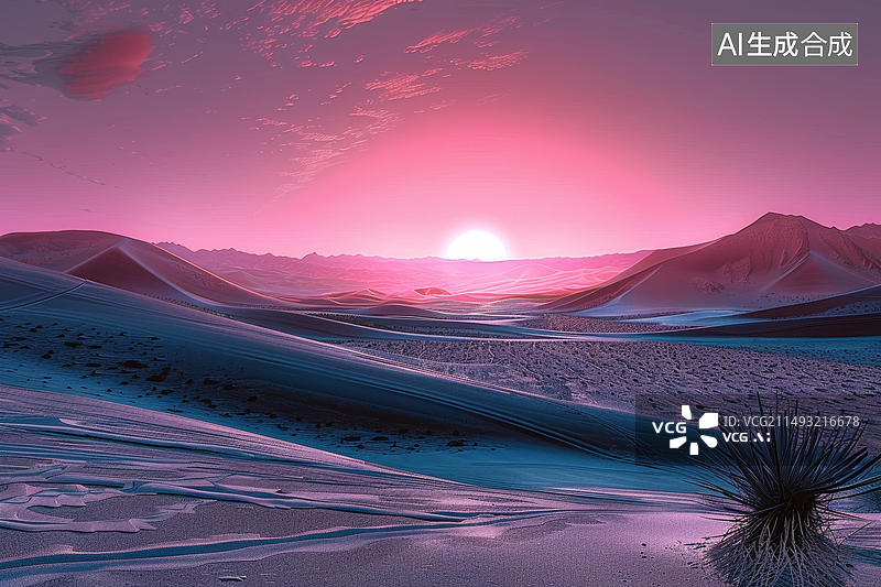 【AI数字艺术】沙漠日落余晖下的丝兰与壮丽景色图片素材
