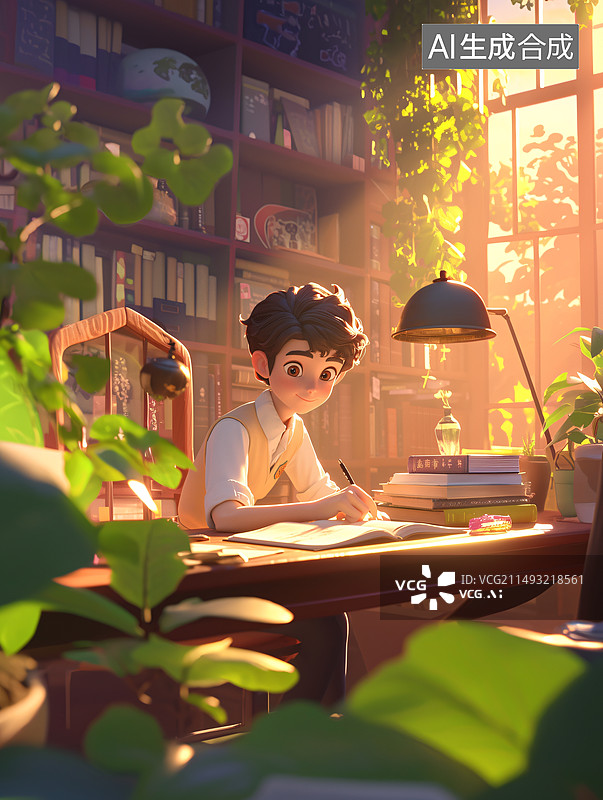 【AI数字艺术】一名大学生在图书馆里学习插画风格图片素材