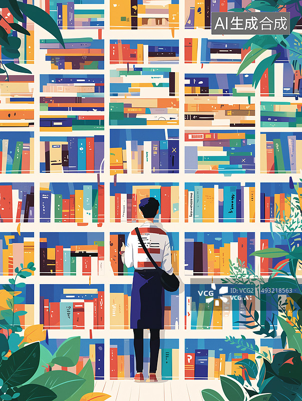 【AI数字艺术】一名大学生在图书馆里学习插画风格图片素材