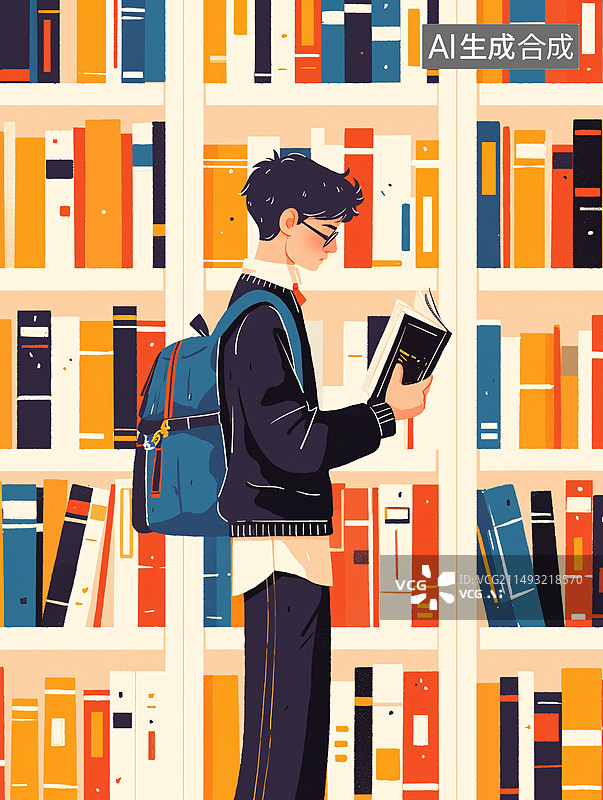【AI数字艺术】一名大学生在图书馆里学习插画风格图片素材