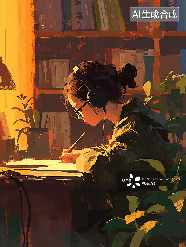 【AI数字艺术】一名大学生在图书馆里学习插画风格图片素材