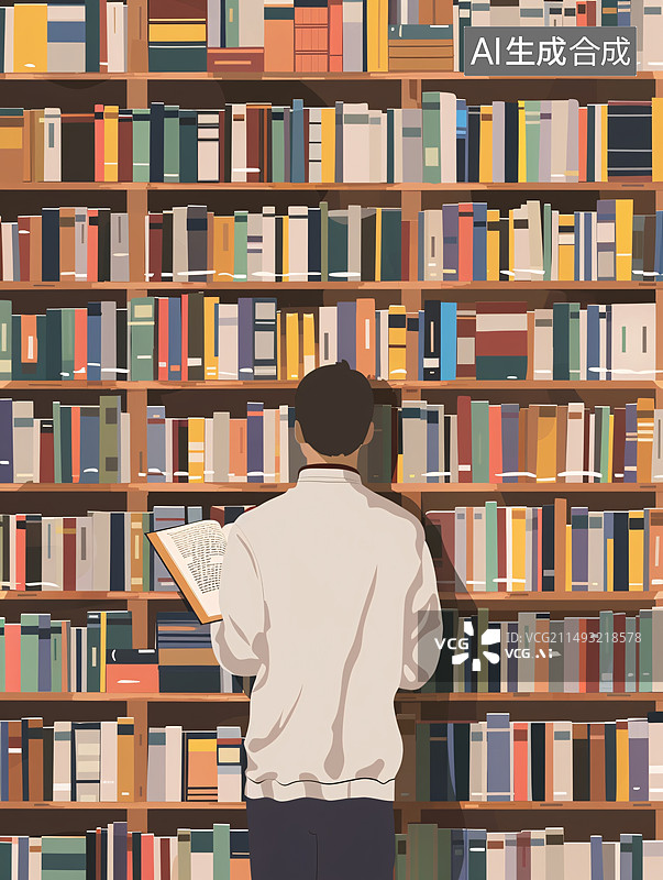 【AI数字艺术】一名大学生在图书馆里学习插画风格图片素材