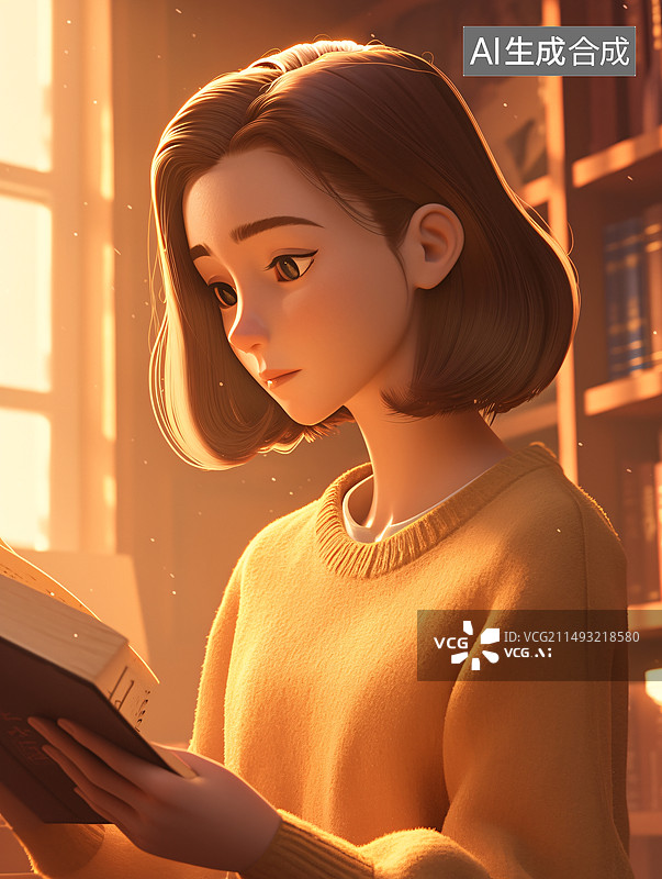 【AI数字艺术】一名大学生在图书馆里学习插画风格图片素材