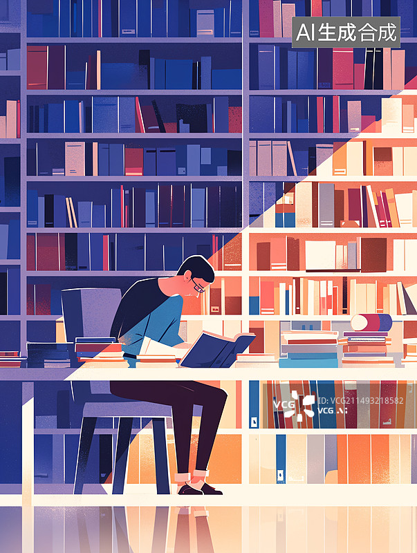 【AI数字艺术】一名大学生在图书馆里学习插画风格图片素材