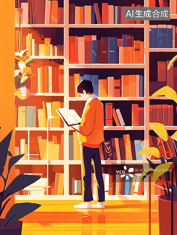 【AI数字艺术】一名大学生在图书馆里学习插画风格图片素材