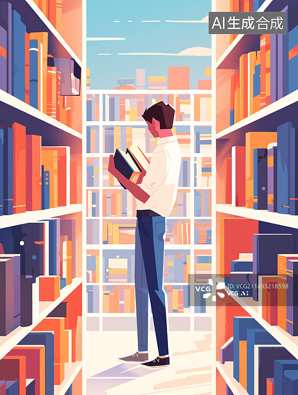 【AI数字艺术】一名大学生在图书馆里学习插画风格图片素材