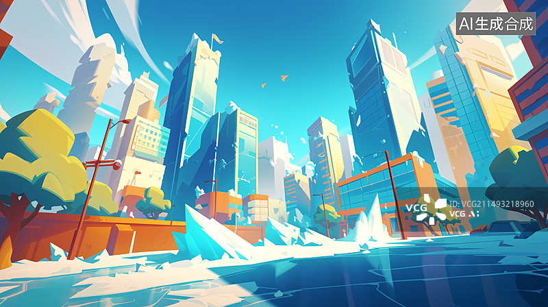 【AI数字艺术】夏日冰爽感城市背景图片素材