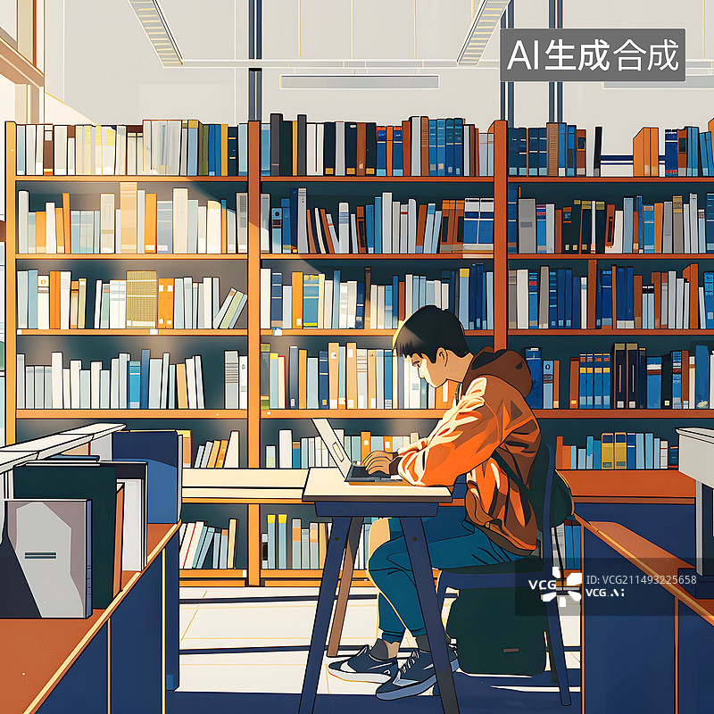 【AI数字艺术】AIGC:大学校园里的图书馆，认真学习的人，背景插图插画图片素材