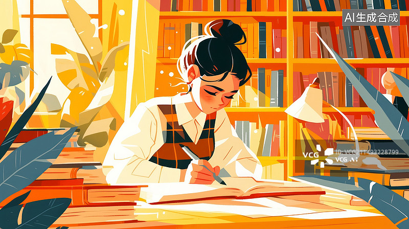 【AI数字艺术】大学生在图书馆学习暖色调插画风格图片素材