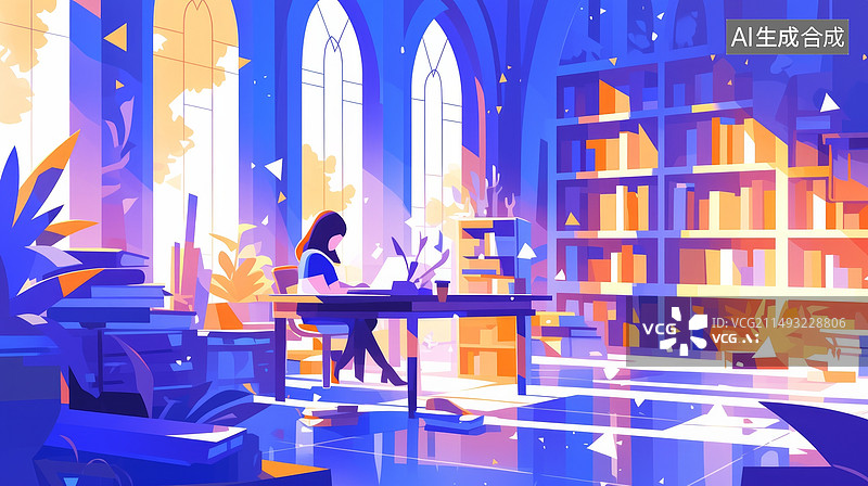 【AI数字艺术】大学生在图书馆学习冷色调插画风格图片素材