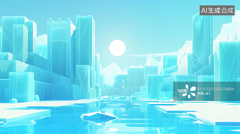 【AI数字艺术】冰块与冰砖构成的城市建筑图片素材
