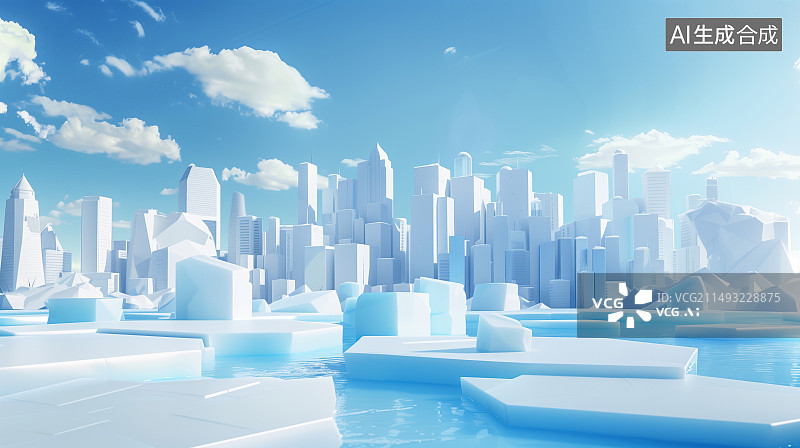 【AI数字艺术】冰块与冰砖构成的城市建筑图片素材