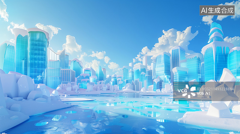 【AI数字艺术】冰块与冰砖构成的城市建筑图片素材