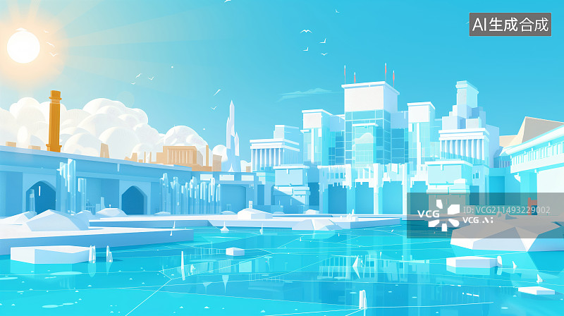 【AI数字艺术】冰雪覆盖的水上世界图片素材