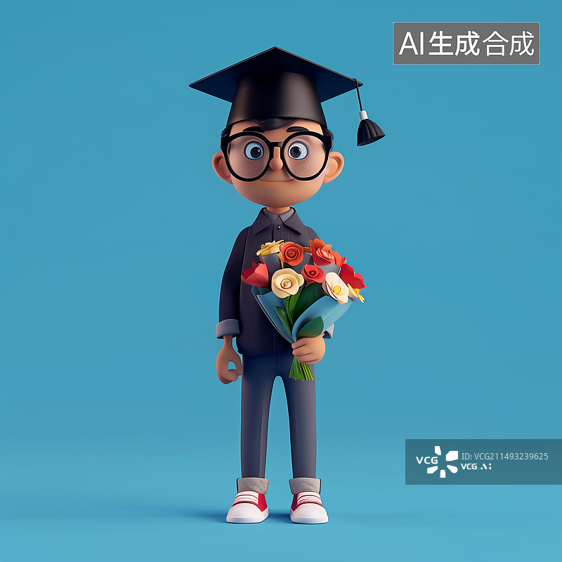 【AI数字艺术】戴着博士帽手捧鲜花的3D男生图片素材