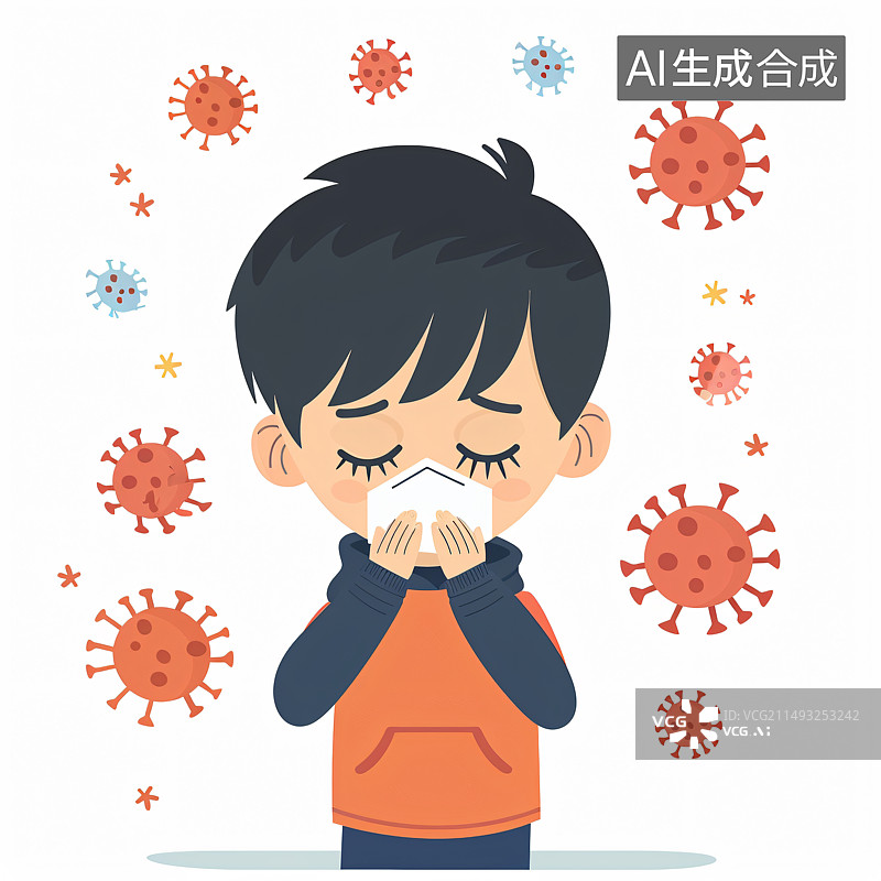 【AI数字艺术】一个亚洲小男孩感染流感图片素材