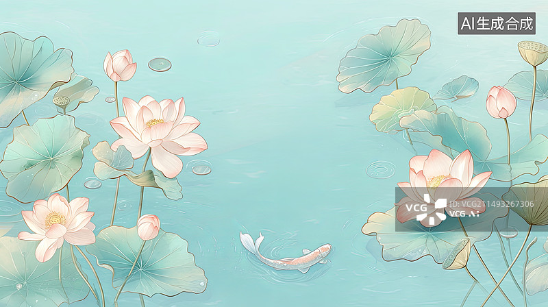 【AI数字艺术】中国风夏天荷花金鱼池塘国潮风插画图片素材