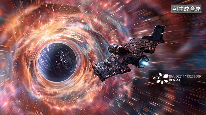 【AI数字艺术】科幻主题插画——一艘太空船在太空旅行，正在穿越虫洞图片素材