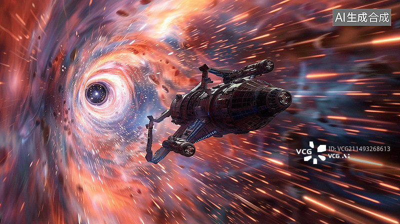 【AI数字艺术】科幻主题插画——一艘太空船在太空旅行，正在穿越虫洞图片素材