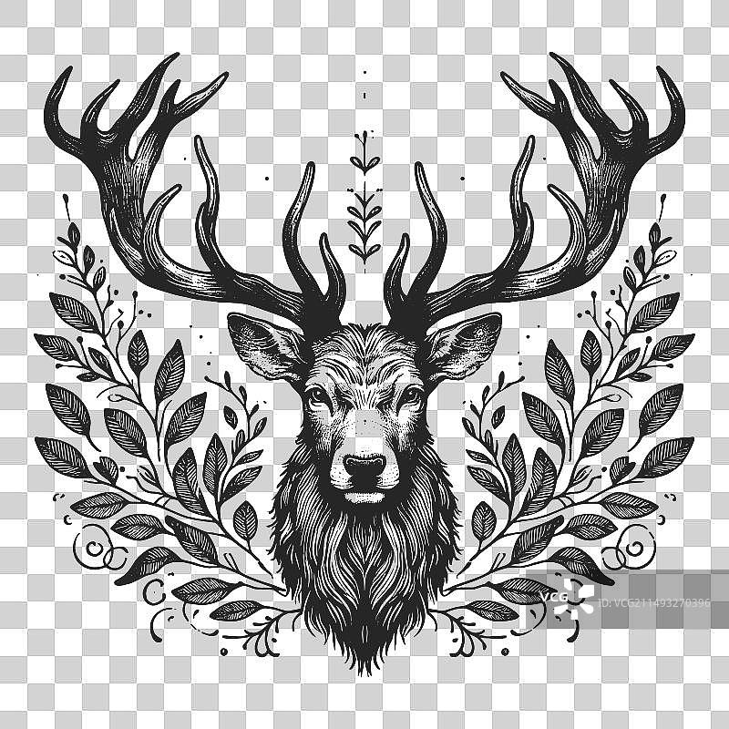 带鹿角和树叶雕刻的雄鹿图片素材