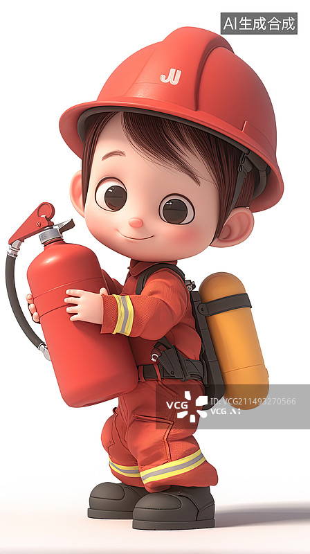 【AI数字艺术】职业消火栓安全帽消防员灭火器3d可爱卡通纯色背景图片素材