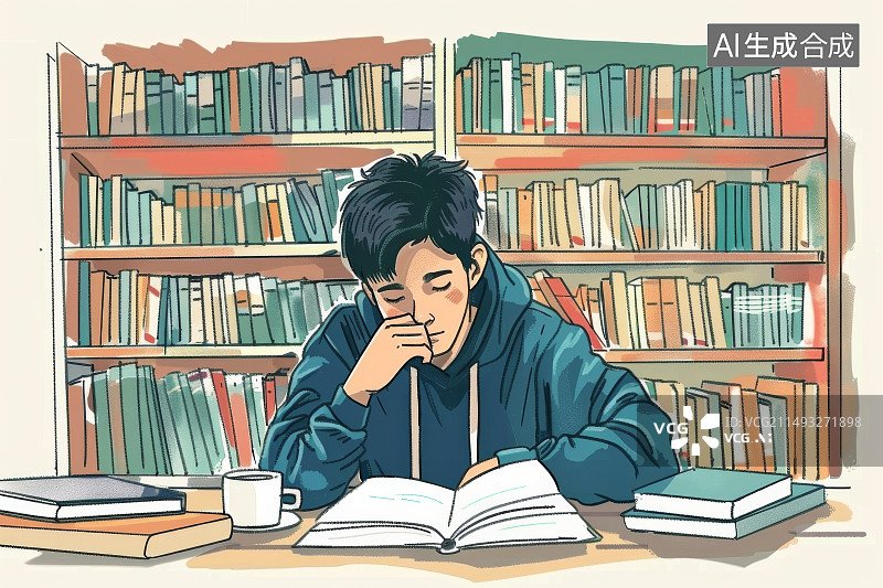 【AI数字艺术】男大学生在图书馆里学习插画图片素材