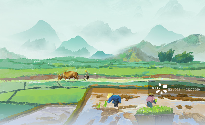 手绘写意乡村农忙 芒种节气插画  谷雨农民田间劳作插画背景图片素材