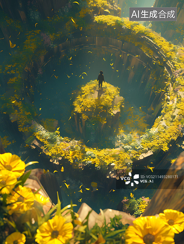 【AI数字艺术】人站在圆形峡谷中奇幻场景微写实渲染概念图图片素材