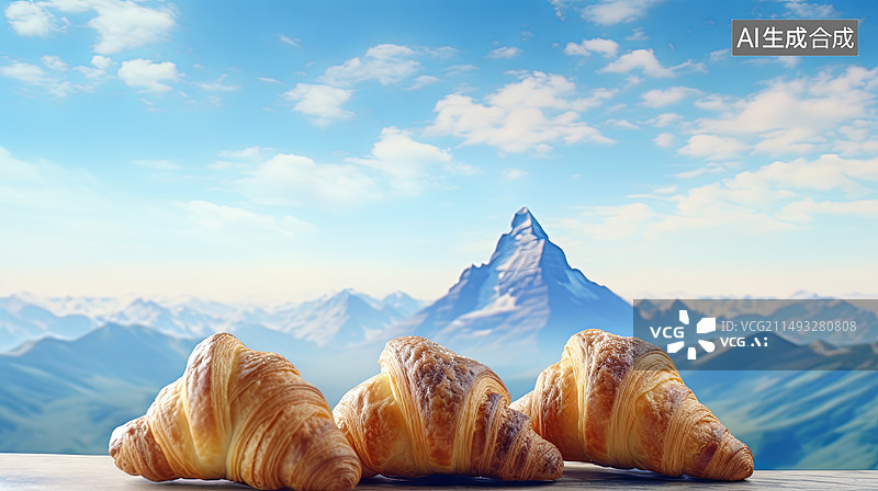 【AI数字艺术】创意牛角面包组成的山脉特写镜头图片素材