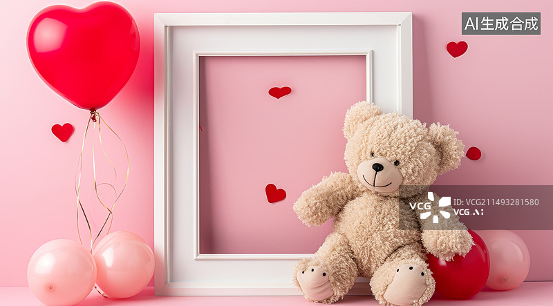 【AI数字艺术】粉红色背景下心形气球和小熊图片素材