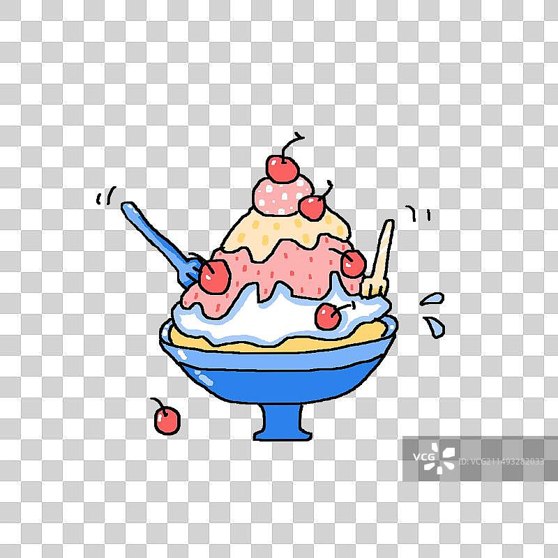 卡通手绘插画盘子里美味的樱桃冰淇淋图片素材