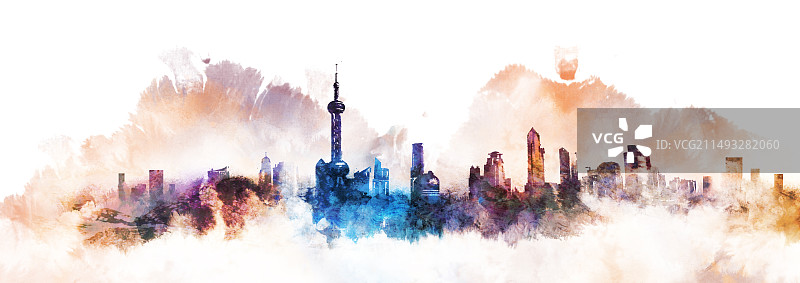 上海水彩地标建筑 上海背景插画 东方明珠背景图片素材