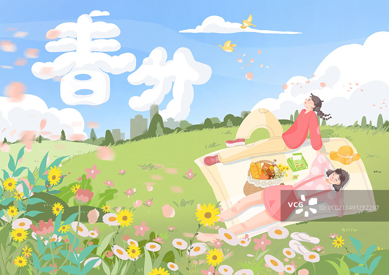 初春时节两个女孩在绿色的草坪上野餐感受春天图片素材