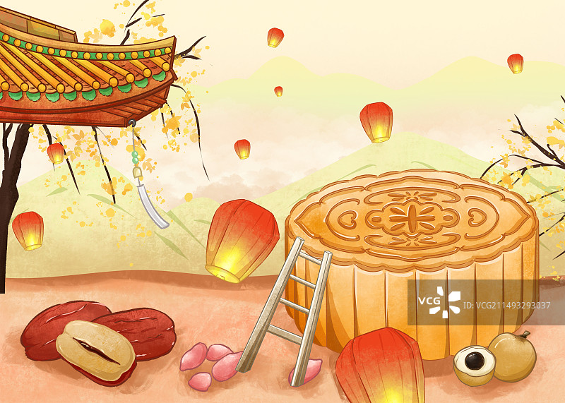 中秋节月饼孔明灯屋檐图片素材