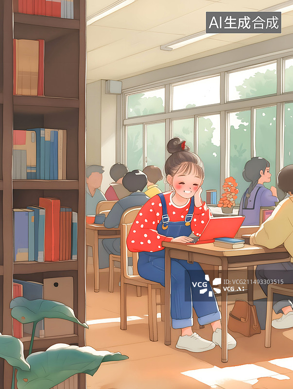 【AI数字艺术】一个大学生坐在图书馆学习的场景插画图片素材