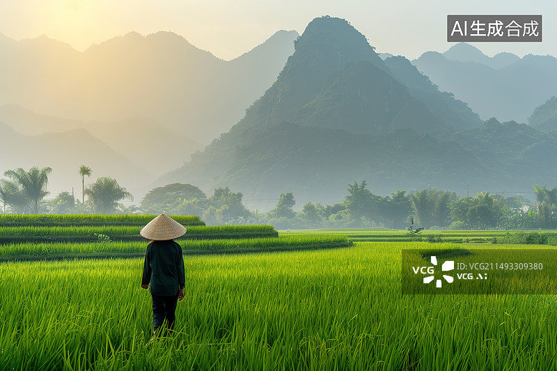 【AI数字艺术】站在农田里的女农民后视图图片素材