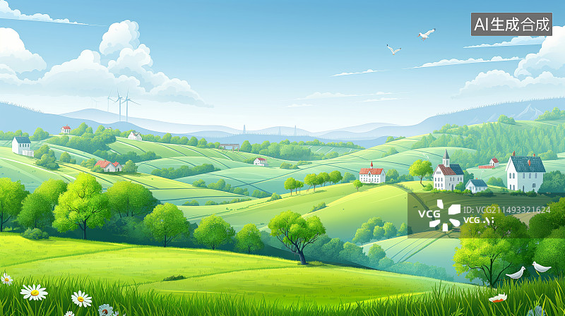【AI数字艺术】未来新农村田野和村庄插画图片素材