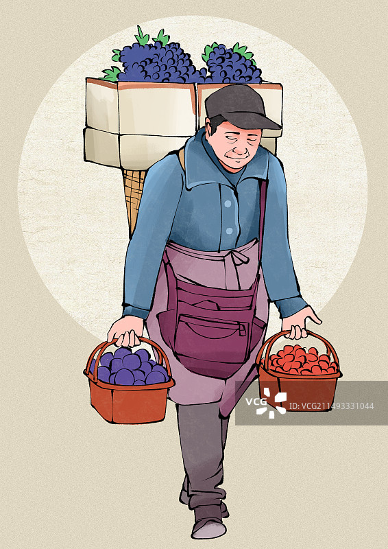 农民果农背着丰收的水果劳动者手绘插画图片素材