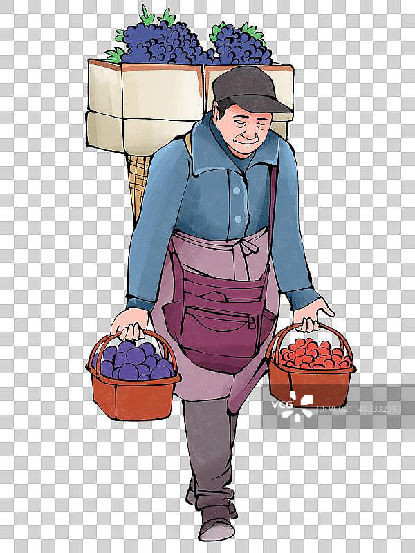 农民果农背着丰收的水果劳动者手绘插画图片素材
