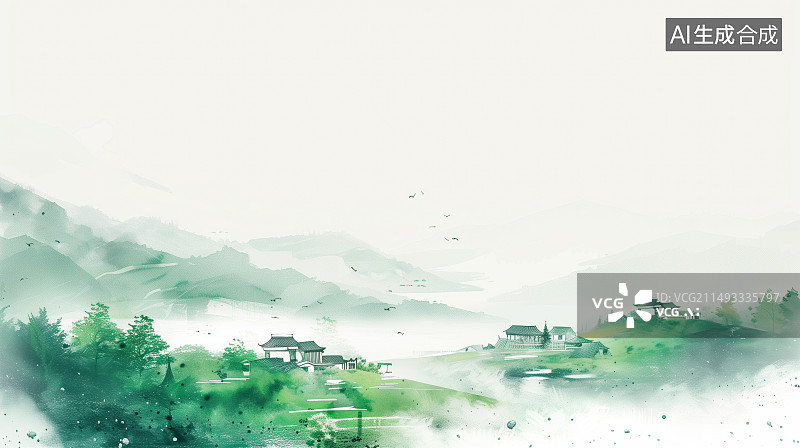 【AI数字艺术】一幅中国水墨风的山水画，远处隐约可见的古建筑图片素材