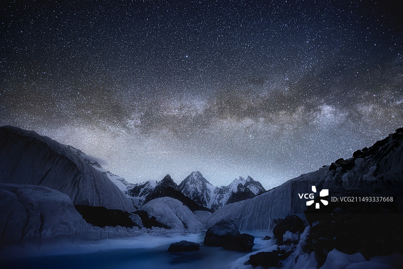 川西夜幕下白雪皑皑的星空雪山图片素材