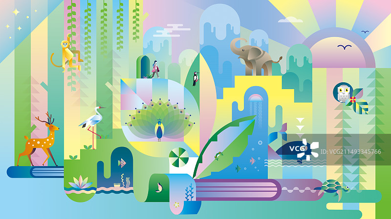 绿色森林里的动物世界插画壁纸图片素材