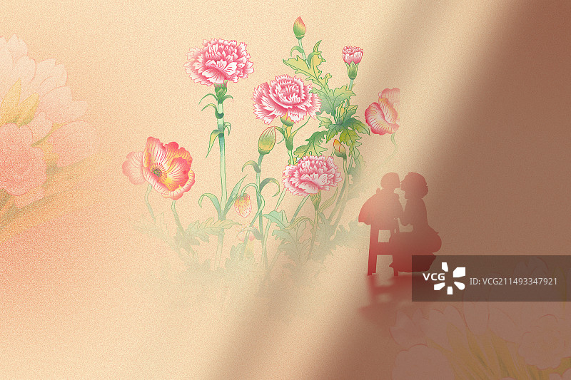 手绘清新风格感恩母亲节公益宣传插画 光影下小女孩亲吻妈妈 康乃馨 虞美人鲜花 横版图片素材