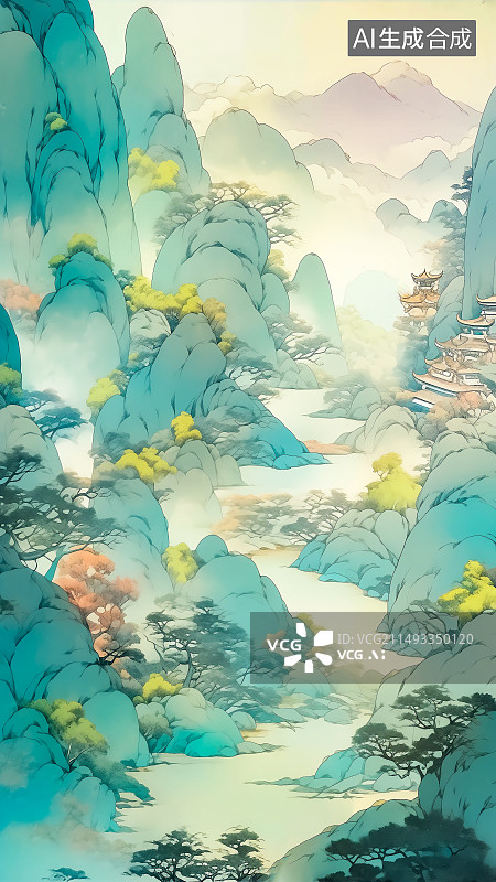 【AI数字艺术】自然山水环境，中国风水彩插画，桃花源记世外桃源图片素材