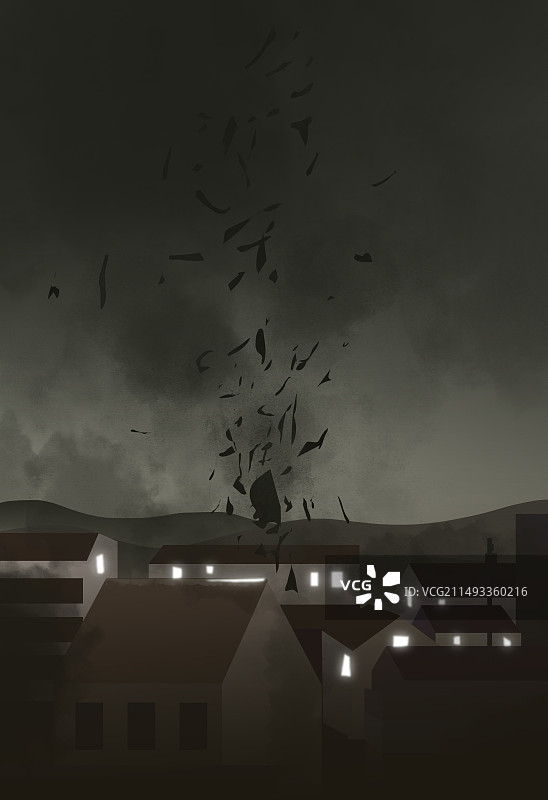 大自然灾害龙卷风飓风暴风暴风雨破坏生态环境房屋极端天气气候科普插画图片素材