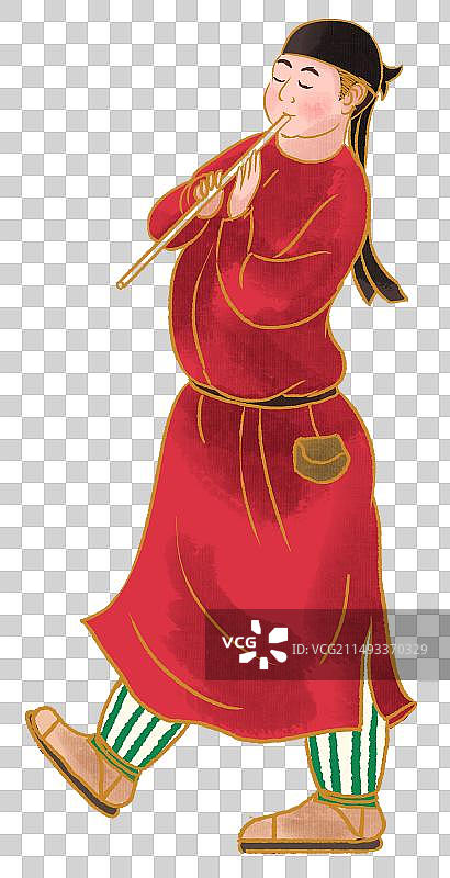 中国风新中式古风古典传统文化历史唐代唐朝人物男人男性吹笛子吹箫趣味音乐服饰道具元素素材插画图片素材