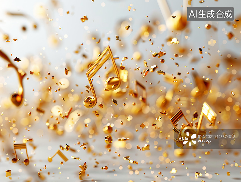 【AI数字艺术】空中悬浮的金色音符图片素材