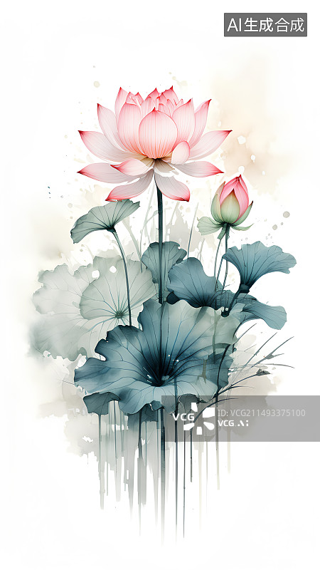 【AI数字艺术】竖版留白水墨画荷花，荷塘，莲花，一束荷花荷叶图片素材